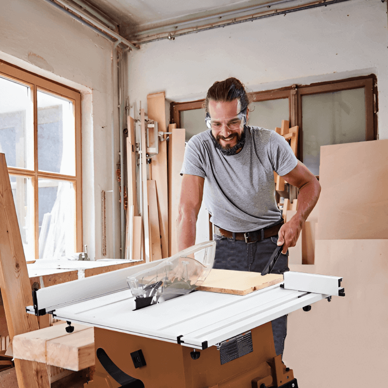 ชายกำลังใช้โต๊ะเลื่อยวงเดือนในลานหน้าบ้านเพื่อทำงานไม้